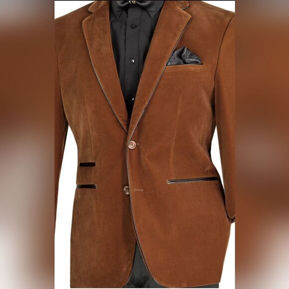 MEN'S VINCI SINGLE BREAST BOURBON  VELVET SLIMFIT SPT. COAT W/ FAUX LEATHER TRIM - Picture 2 of 2